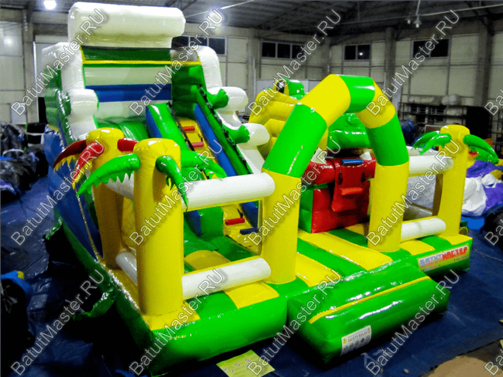 Коммерческий батут "Белый клык" желто-зелёный с механизированной головой, размер 6*6*4 м