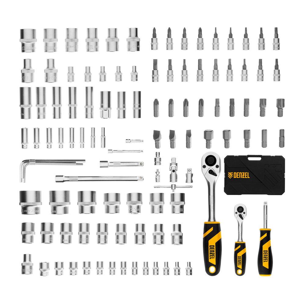 Набор инструментов, 1/2", 1/4", CrV, S2, пластиковый кейс, 109 предметов Denzel