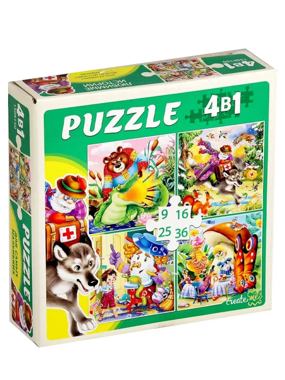 Пазл 4 в 1 для детей 3 4 лет Сказки 9 16 25 36 элементов