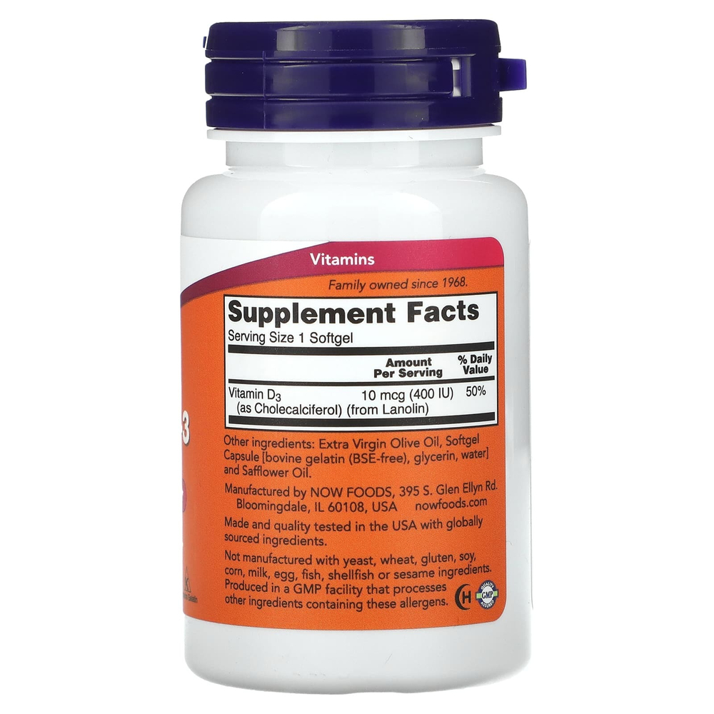 NOW Foods, витамин D3, 400 МЕ, 180 капсул