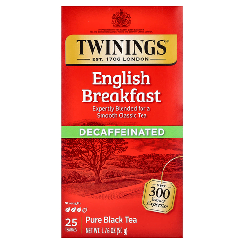 Twinings, чистый черный чай, английский завтрак, без кофеина, 25 чайных пакетиков, 50 г (1,76 унции)