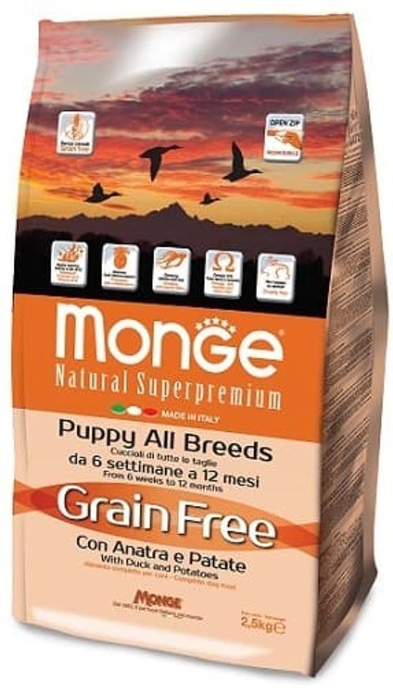 Monge Dog GRAIN FREE беззерновой корм для щенков утка с картофелем 2,5 кг Monge Dog GRAIN FREE беззерновой корм для щенков утка с картофелем 2,5 кг