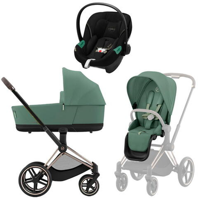 Коляска 3 в 1 Cybex Priam IV Rosegold complete и автокресло Aton S2 i-Size Moon Black Leaf Green