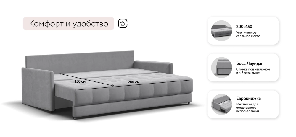 Диван Босс Про Лофт Велюр Монолит сталь — прямой диван с еврокнижкой