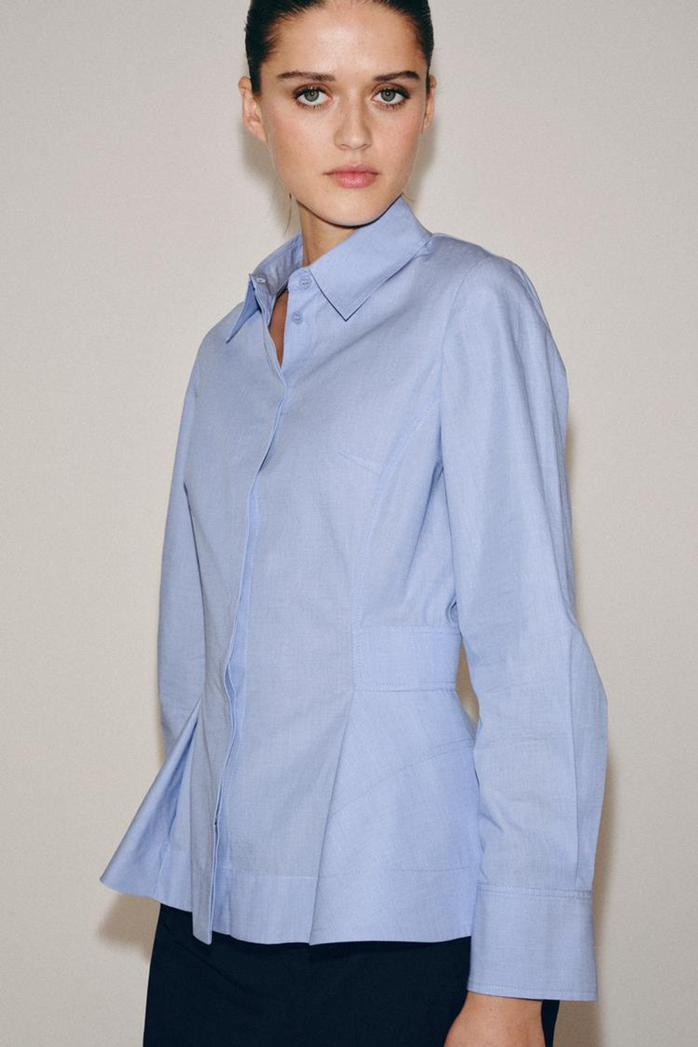 ZARA РУБАШКА ИЗ ПОПЛИНА С БАСКОЙ — ZW COLLECTION, СИНИЙ МЕЛАНЖ