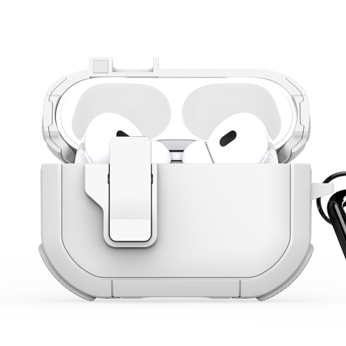 Усиленный чехол белого цвета от Dux Ducis для наушников AirPods Pro 2, серия PECP Series Case, в комплекте с карабином