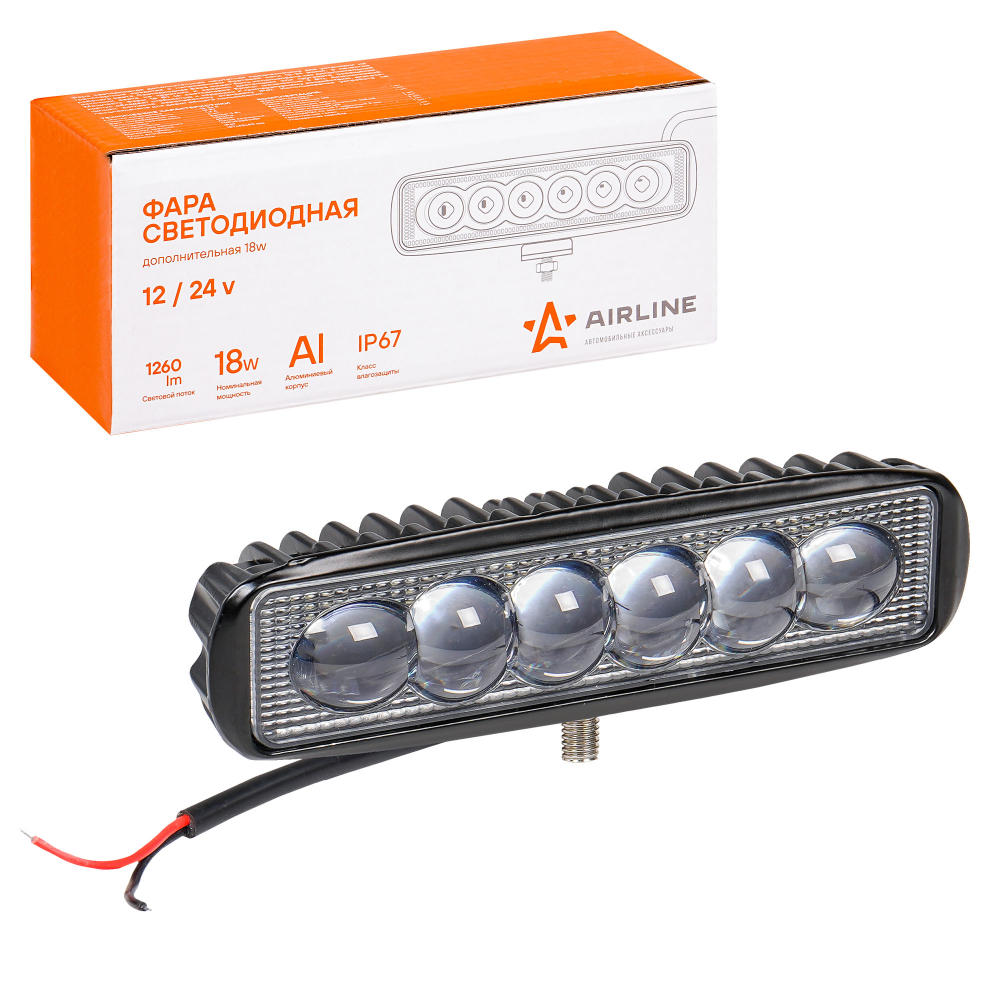 Фара светодиодная Airline прямоугольная 6 LED 4D линза 18W (157 х 42 х 40) 12/24V