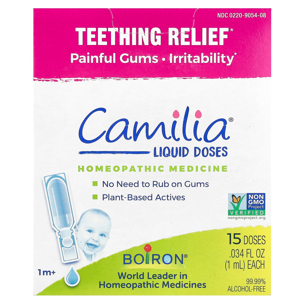 Boiron, Camilia, средство для снятия боли при прорезывании зубов, для младенцев от 1 месяца и старше, 15 заранее отмеренных жидких доз, 1 мл (0,34 жидк. унций) каждая