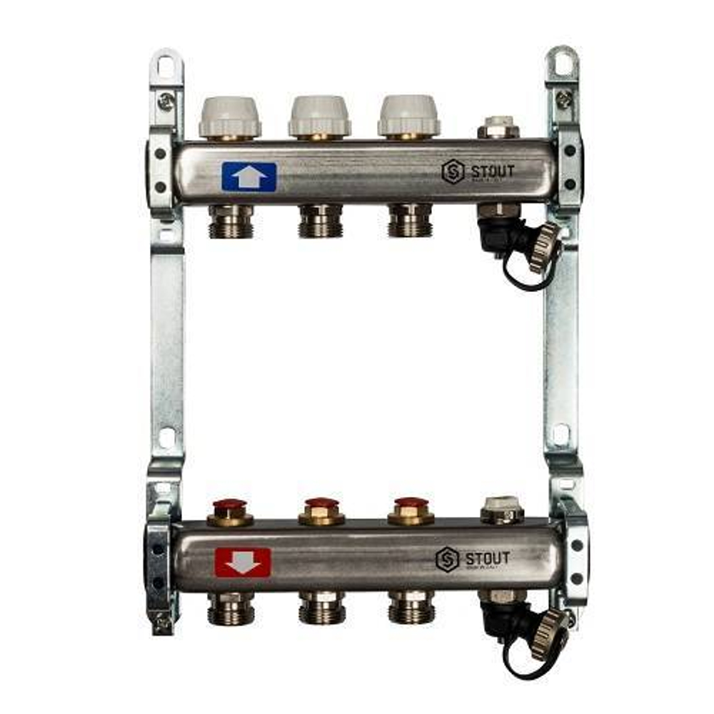 Коллекторная группа для радиаторного отопления STOUT SMS0932 - 1" на 3 контура 3/4"EK (нерж.сталь)