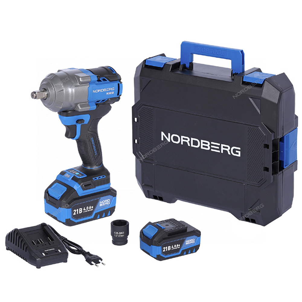 NORDBERG (NE805K) Гайковерт аккумуляторный, 1/2", 21В, 1000 Нм с двумя 4A акк. и зар. уст-вом, в кейсе