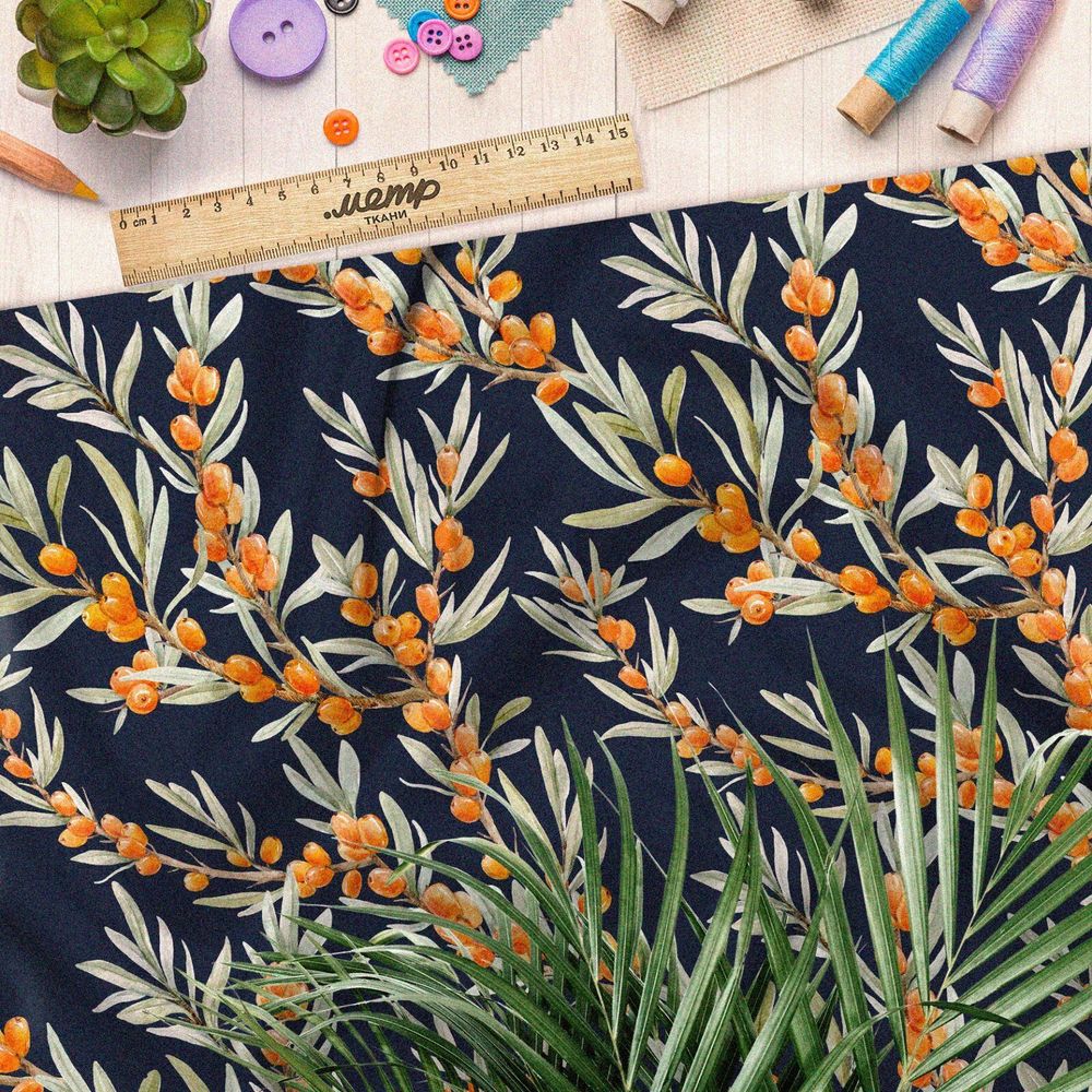 Ткань габардин облепиха на ветке