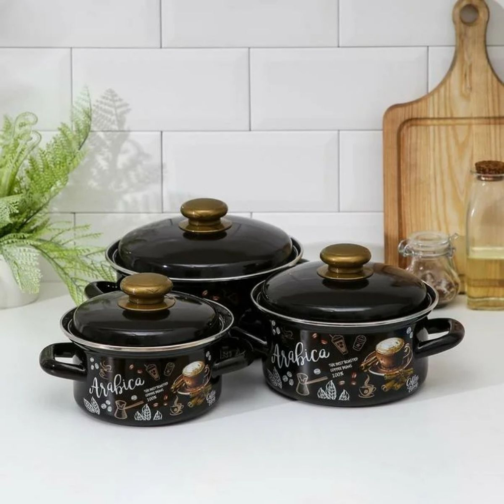 Набор эмалированной посуды 6 пр, кастрюли 1,1.5,2.3 л, Керчь, Арабика-1, корич