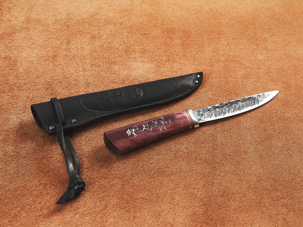 Якутский нож "Амга", сталь Х12МФ, рукоять гранатовая стабилизированная карельская береза / рисунок