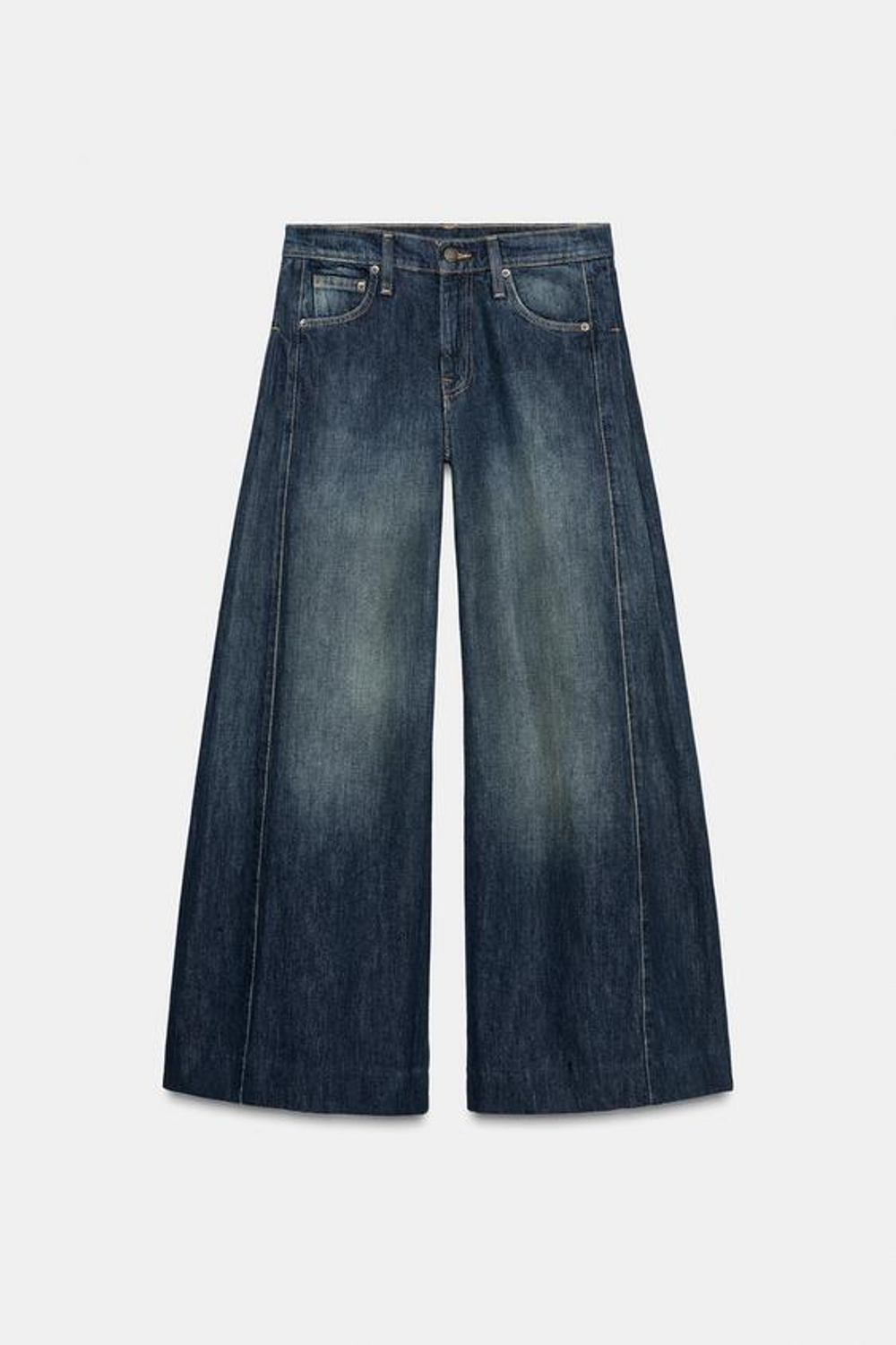 ZARA ДЖИНСЫ ZW COLLECTION WIDE LEG СО СРЕДНЕЙ ПОСАДКОЙ И БОКОВЫМИ СКЛАДКАМИ, СИНИЙ