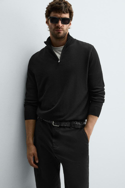 ZARA ШЕРСТЯНОЙ СВИТЕР С ВОРОТНИКОМ НА МОЛНИИ, ЧЕРНЫЙ