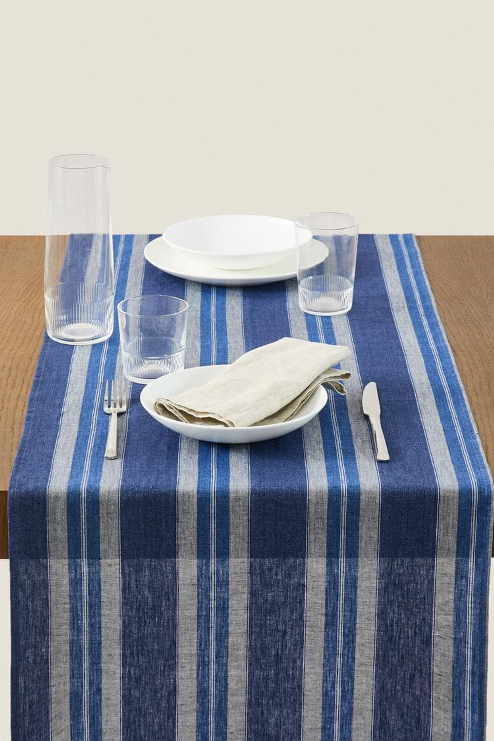 ZARA HOME ПОЛОСАТАЯ ЛЬНЯНАЯ ДОРОЖКА, СИНИЙ