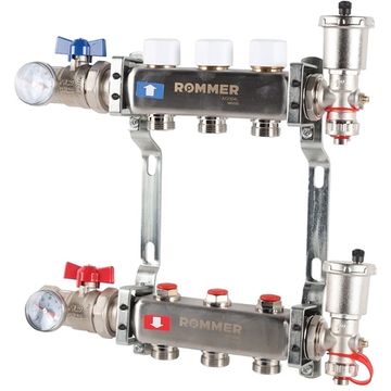 Коллектор Rommer 1"x3/4" на 3 контура с запорными клапанами в сборе (нерж. сталь) RMS-3210-000003