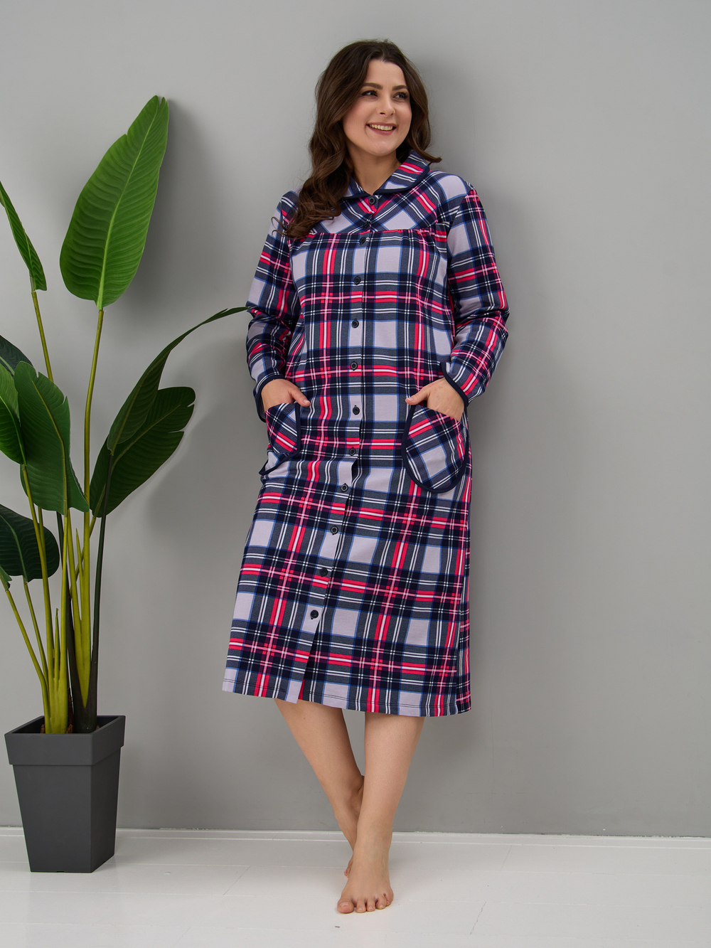 Халат Х-138/клеткасерая-малина