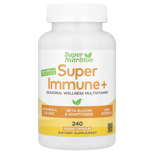 Super Nutrition, Super Immune+, мультивитамины с суперадаптогенами, витаминами C и D, цинком и бета-глюканом, 240 вегетарианских капсул