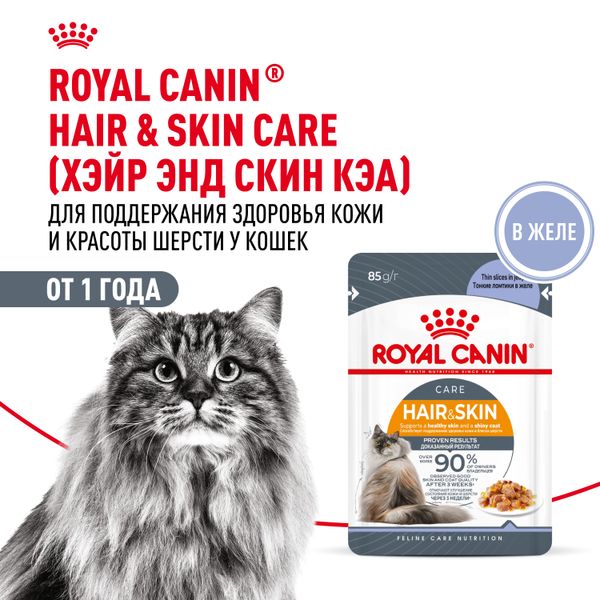 Пауч Royal Canin Hair&Skin Care для взрослых кошек для поддержания здоровья кожи и красоты шерсти, тонкие ломтики в желе