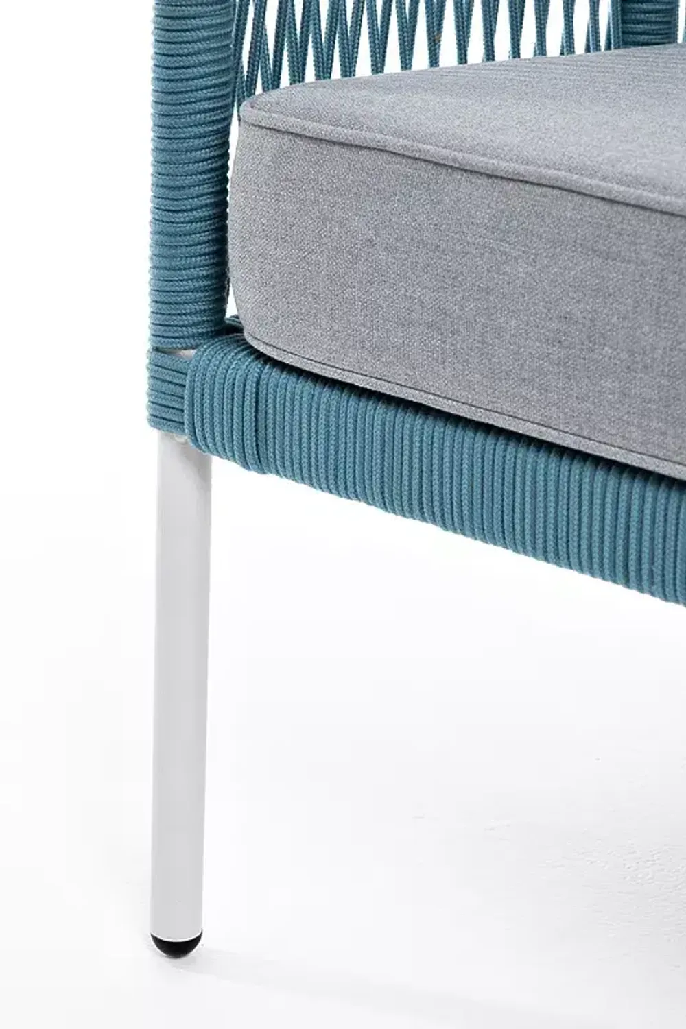 "Канны" диван 2-местный плетеный из роупа, каркас алюминий светло-серый (RAL7035) муар, роуп бирюзовый круглый, ткань светло-серая