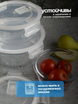 Контейнеры для еды стеклянные, 3 шт, круглые 880/600/325 мл