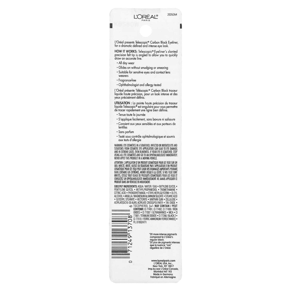 L'Oréal, Телескопическая, жидкая подводка для глаз, контрольная, 835 черный, 2,45 мл (0,08 жидк. унции)