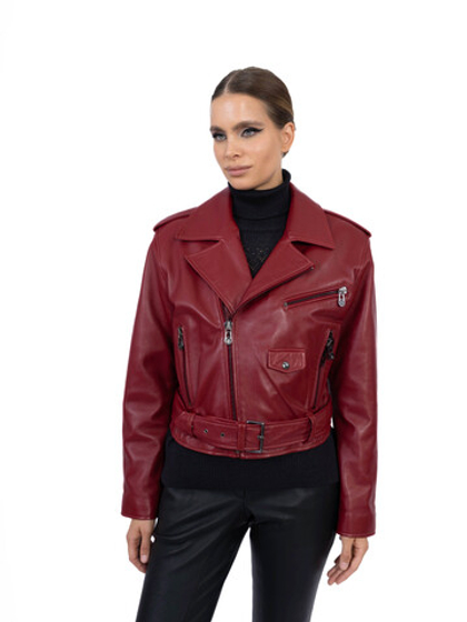 Женская кожаная куртка-косуха бордового цвета