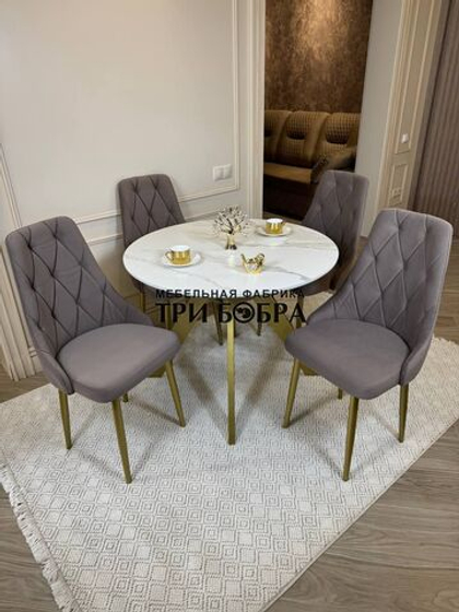 Круглый раздвижной стол "Бонжур", керамогранит, белый мрамор и стулья "Лондон"