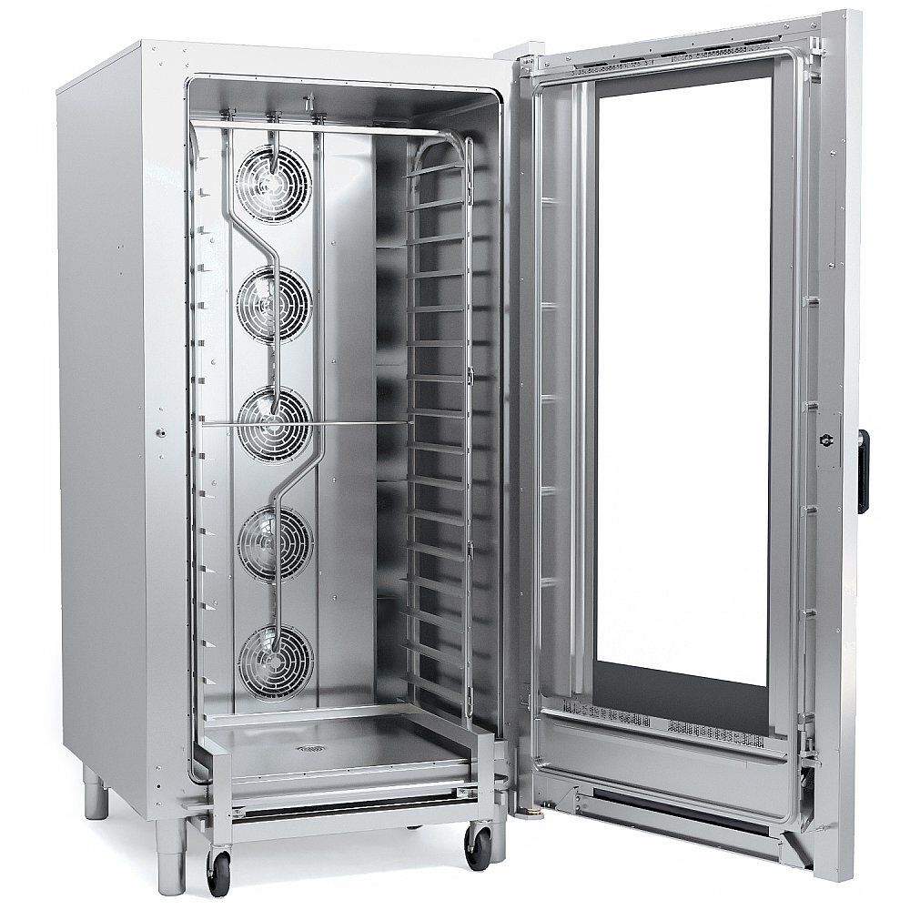 11000027030 Абат Конвекционная печь КЭП-16, стационарные направляющие на 16 уровней 400х600 мм, нерж. камера, пароувлажнение - инжекция, 2 скорости вращения вентиляторов, память на 110 программ, до 4-ех этапов в программе, ручной душ в комплекте, без противней, корпус нерж.