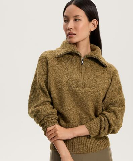 Oysho Вязаный джемпер из смешанной пряжи с молнией до середины груди, хаки
