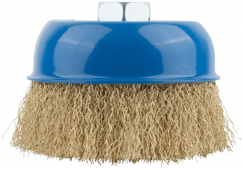 Корщетка (крацовка) 100мм, гайка М14, тип ЧАШКА, стальная латунированная волнистая проволока, MOS, 38943М