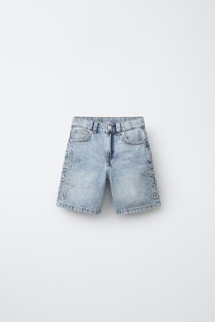 ZARA ДЖИНСОВЫЕ ШОРТЫ СО ЗВЕЗДАМИ, ВЫЦВЕТШИЙ СИНИЙ