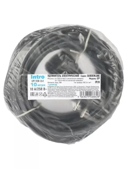 Удлинитель силовой в бухте Intro UP1100 10м без заземления 1 розетка ПВС 2х1мм, строительный садовый для газонокосилки и триммера