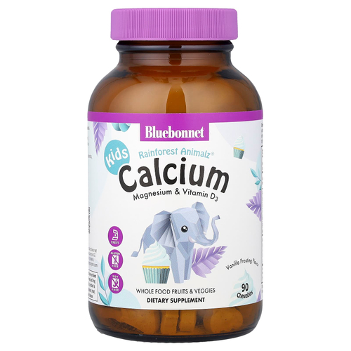 Bluebonnet Nutrition, Kids, Rainforest Animalz®, кальций, магний и витамин D3, для детей, ванильная глазурь, 90 жевательных таблеток