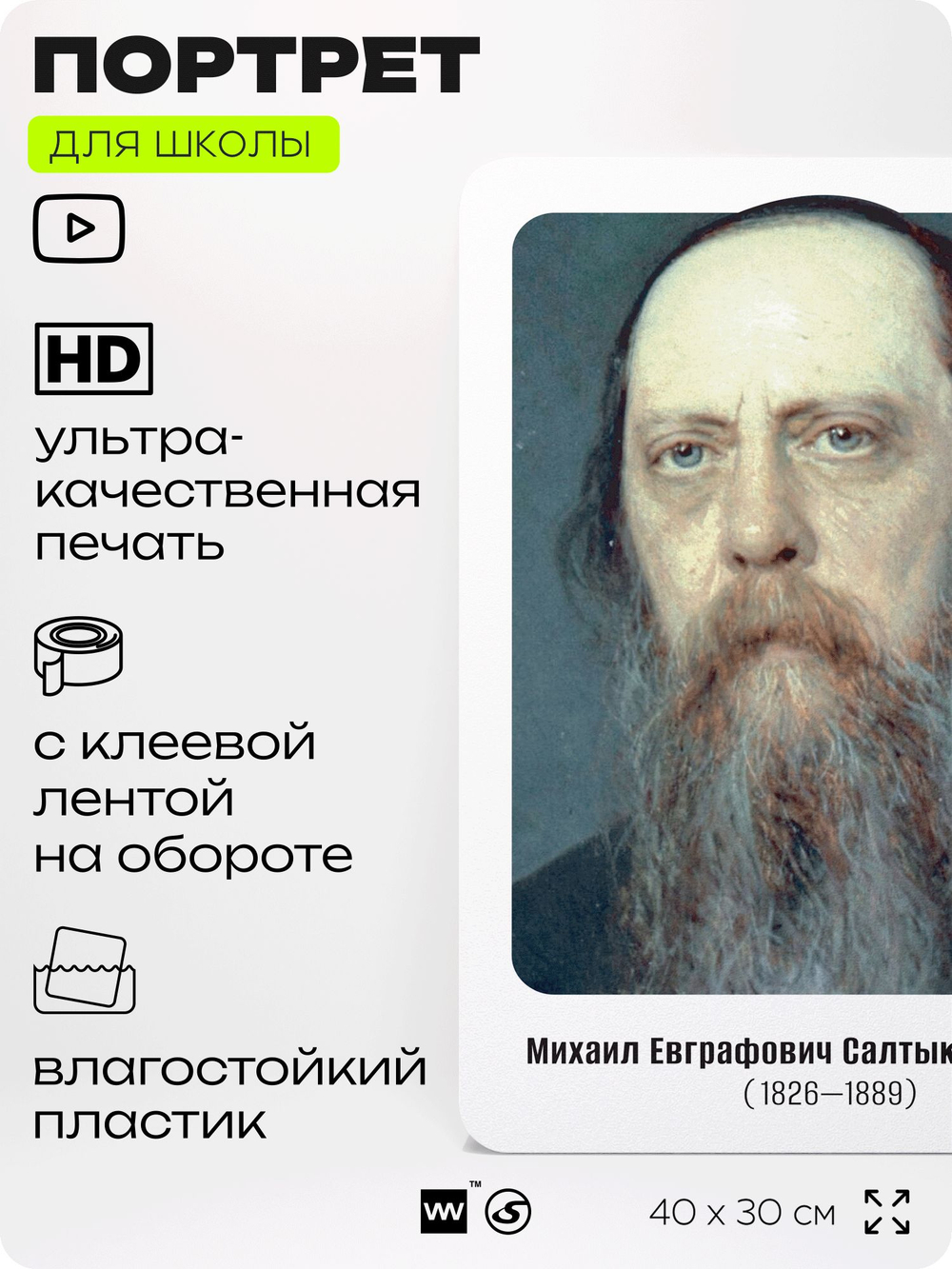 Портрет для школы в кабинет литературы и русского языка "Салтыков-Щедрин Михаил Евграфович", стенд школьный для класса, для оформления классного уголка, 40х30 см, Silver Plane x Айдентика Технолоджи