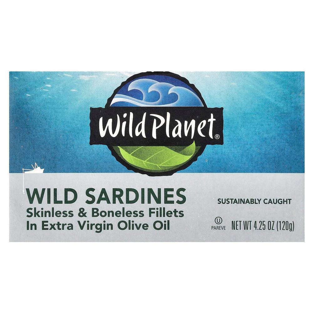 Wild Planet, Филе диких сардин без кожи и без костей в оливковом масле первого отжима, 4,25 унции (120 г)