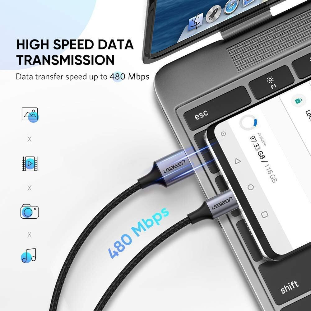 Кабель USB 2.0 - USB C, 480Mbps, 3A, QC3.0, 18W, 1m, UGREEN 60126