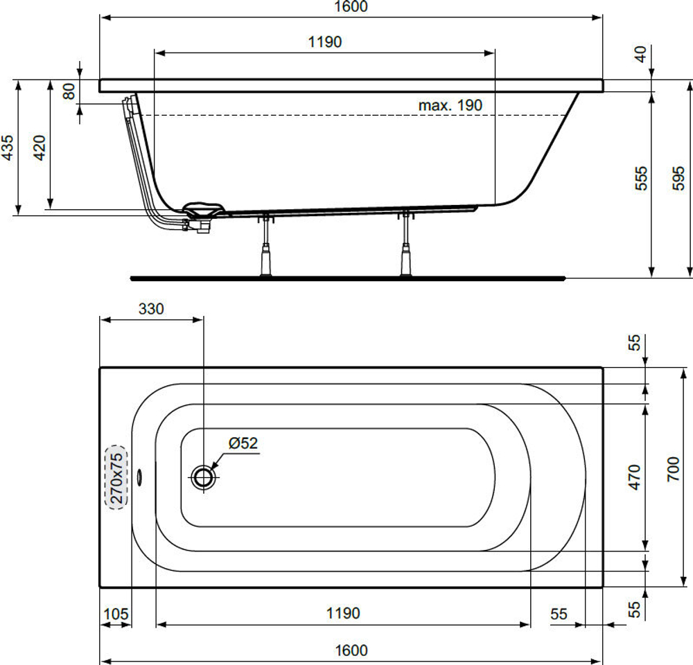 Акриловая ванна Ideal Standard 160х70 W004301 SIMPLICITY