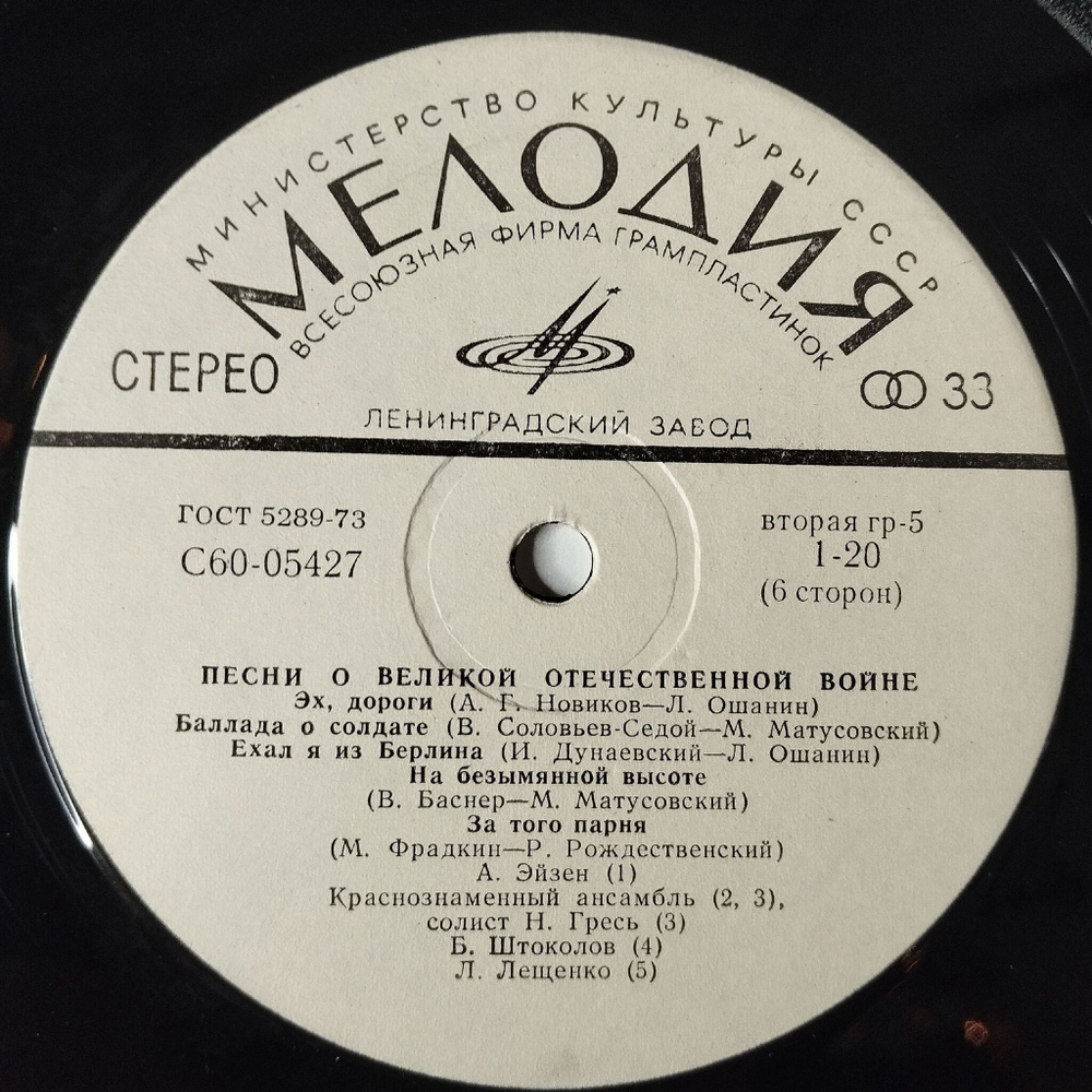 Винтажная виниловая пластинка LP Сборник Песни Великой Отечественной Войны (СССР 1980) Пластинка 3