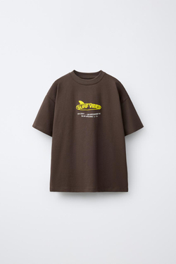 ZARA ФУТБОЛКА С РЕЛЬЕФНЫМ ПРИНТОМ SURF VIBES, КОРИЧНЕВЫЙ