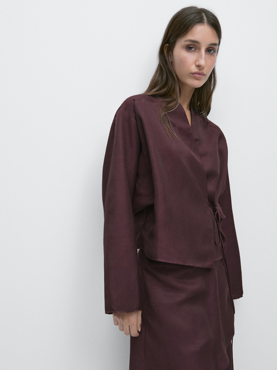 Massimo Dutti Рубашка из смесового льна, баклажанный