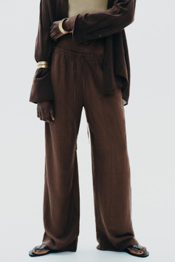 ZARA БРЮКИ ИЗ ТКАНИ С РЕЛЬЕФНЫМ УЗОРОМ, ШОКОЛАДНО-КОРИЧНЕВЫЙ