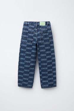 ZARA ДЖИНСЫ WIDE LEG С ТЕКСТОВЫМ ПРИНТОМ, СИНИЙ