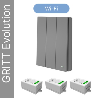 Умный беспроводной выключатель GRITT Evolution 3кл. графит комплект: 1 выкл. IP67, 3 реле 1000Вт 433 + WiFi с управлением со смартфона, EV221330GRWF