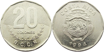 Коста-Рика 20 колонов, 1994 Герб XF