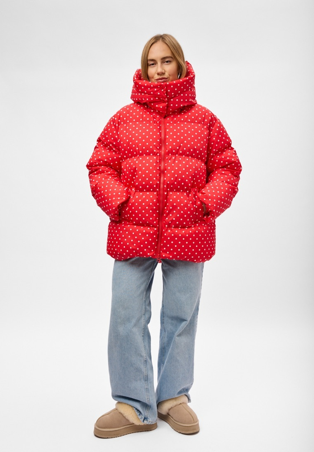 Пуховик Рокет миди красный в горох