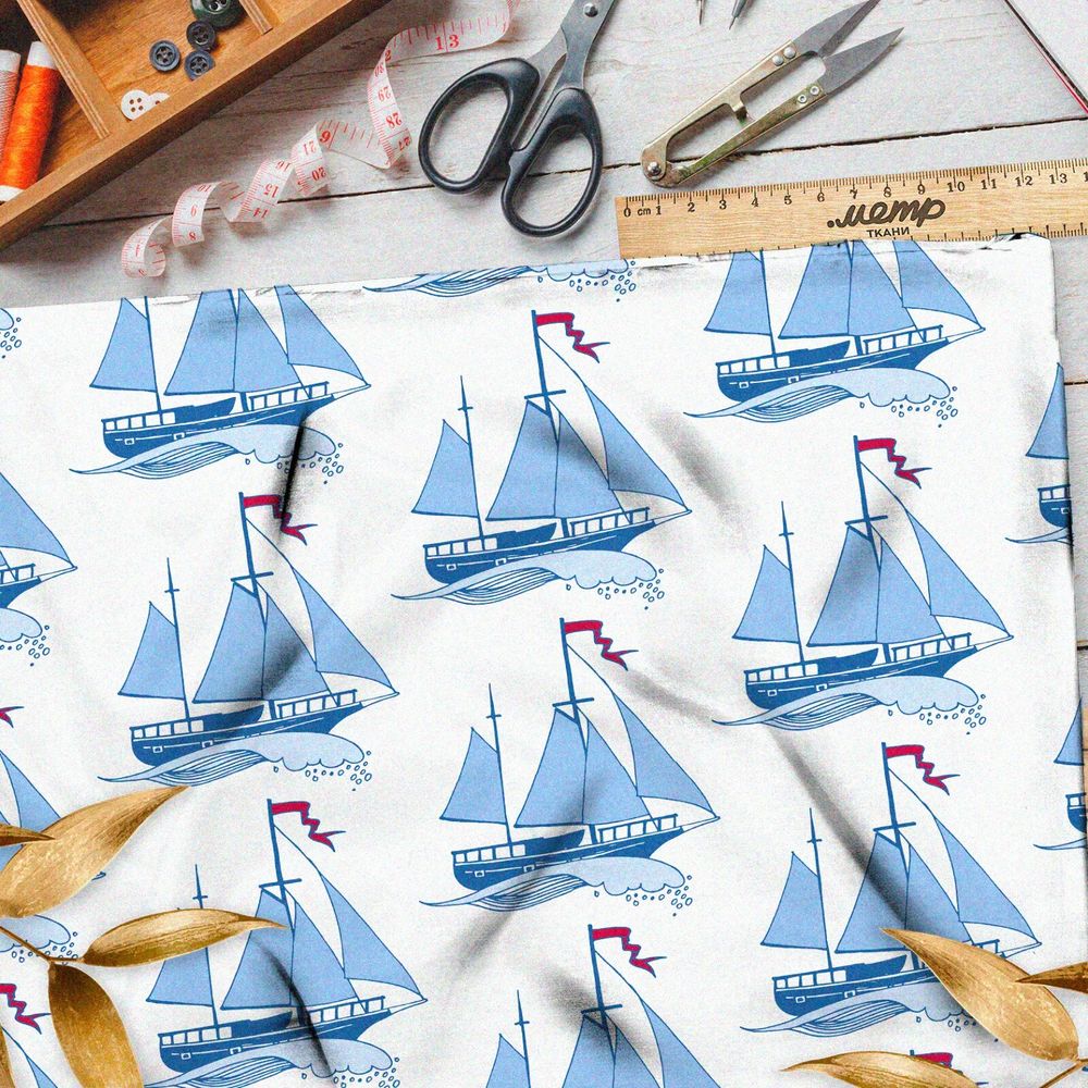 Ткань оксфорд 600 синие корабли на белом фоне
