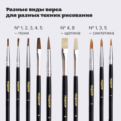 Кисти ПИФАГОР, набор 10 шт. (ПОНИ: плоская № 4, круглые № 1, 2, 3, 5; СИНТЕТИКА: круглые № 1, 3, 5; ЩЕТИНА: плоские № 4, 8), блистер, 200505