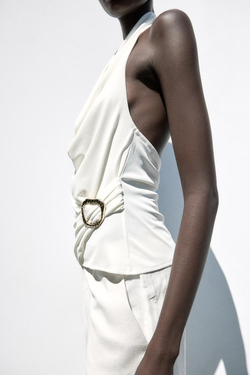 ZARA ДРАПИРОВАННЫЙ ТОП С ПРЯЖКОЙ, ЖЕЛТОВАТО-БЕЛЫЙ